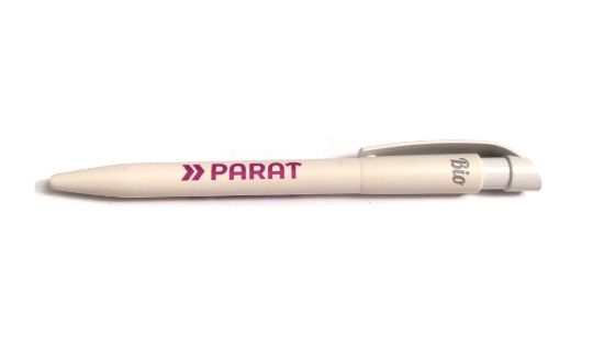 Weisser Kugelschreiber mit aufgedruckem PARAT-Logo